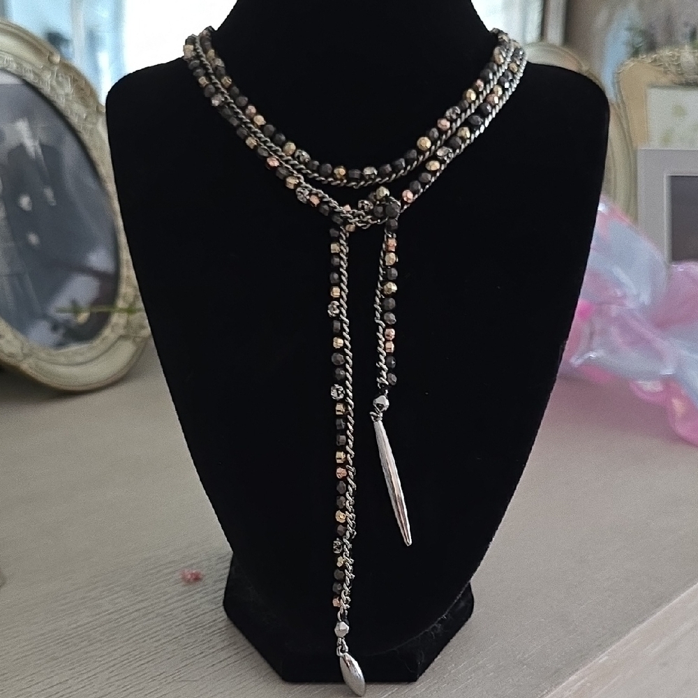 Stella & Dot Silver and Black Y-Shaped Necklace